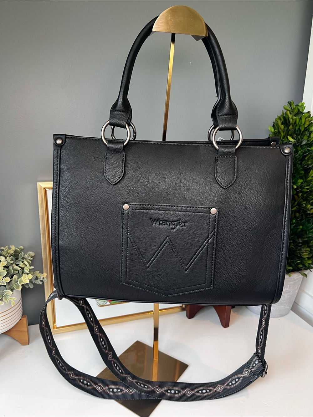 Wrangler Southwestern Tooled Tote Bag Black Faux Leather Western Satchel NWT - Picture 3 of 11